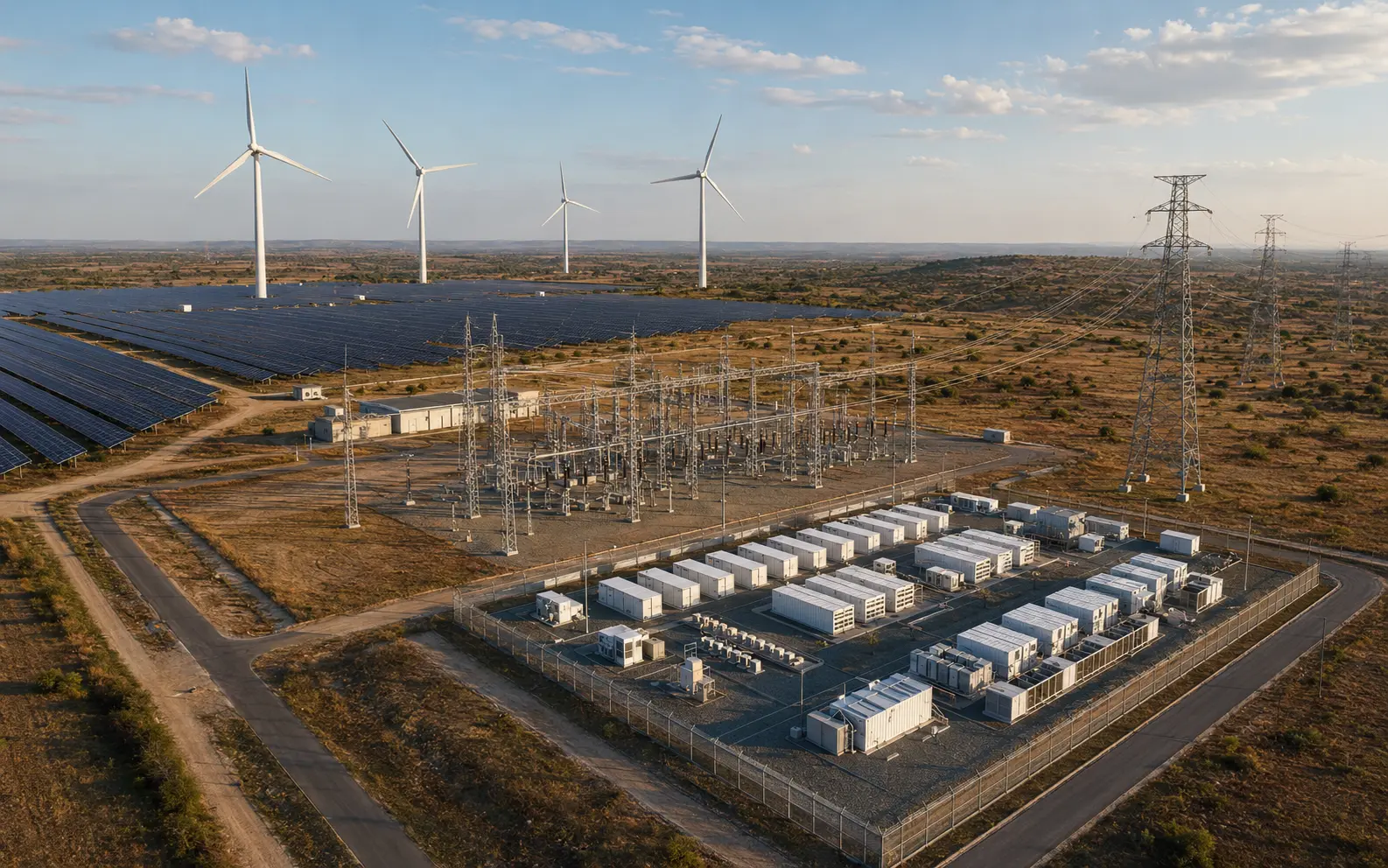 Illustrative hybrid renewable-energy site combining solar, wind, battery storage and grid infrastructure