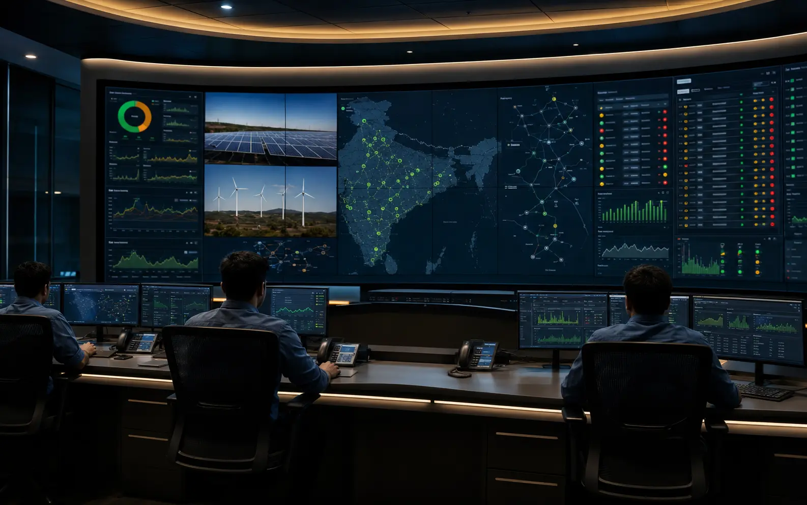 Illustrative renewable-energy Network Operations Centre with operators reviewing a portfolio video wall