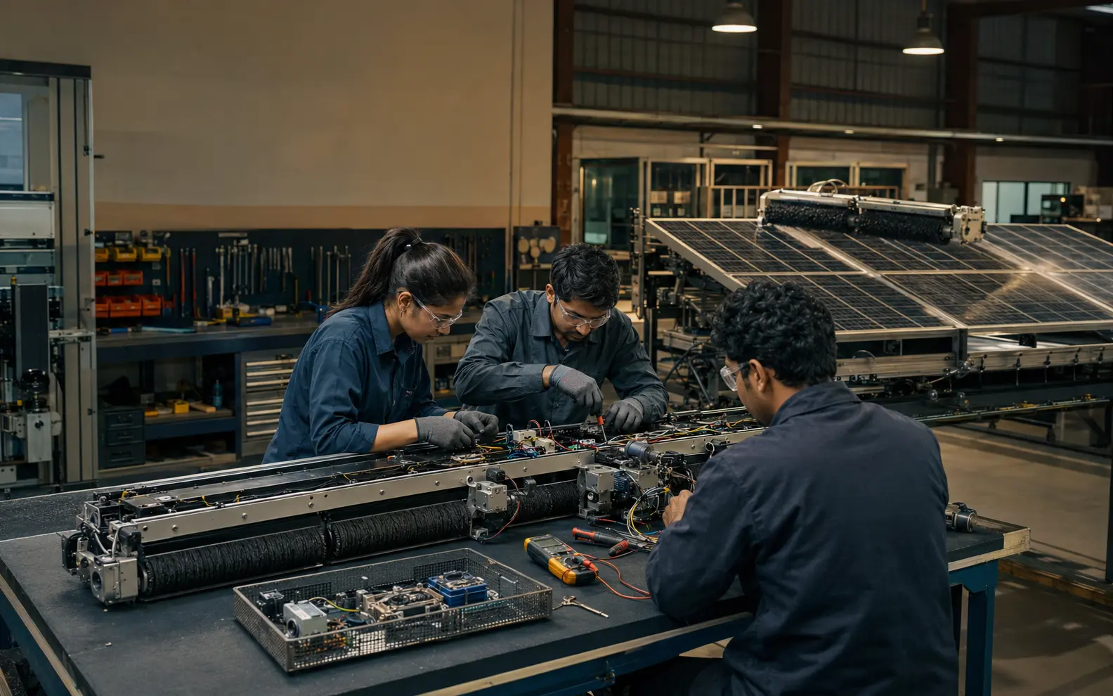 Illustrative robotics research and development team testing solar-cleaning hardware
