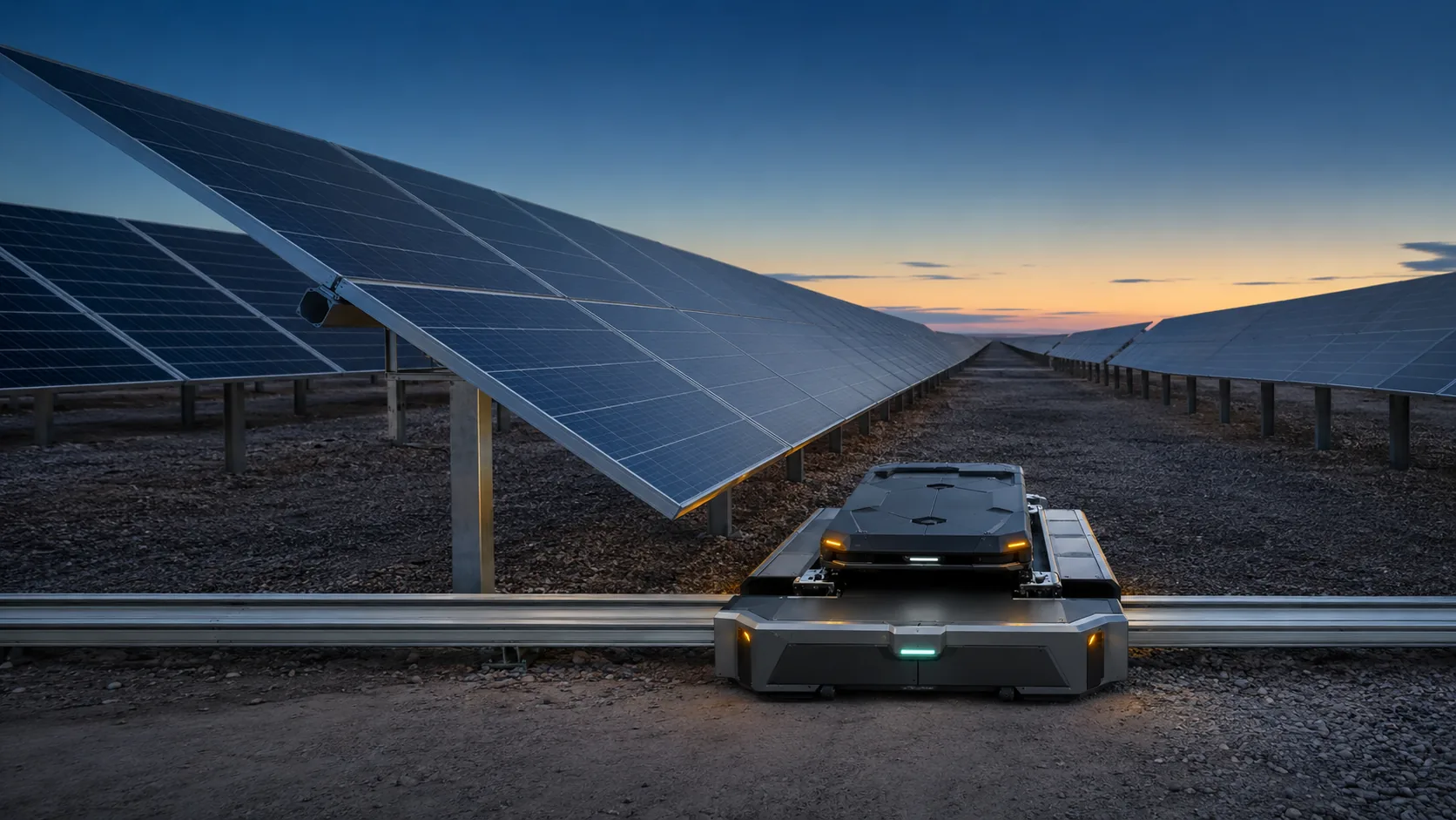 Illustrative SR-Shuttle Link transferring a cleaning robot between adjacent solar rows