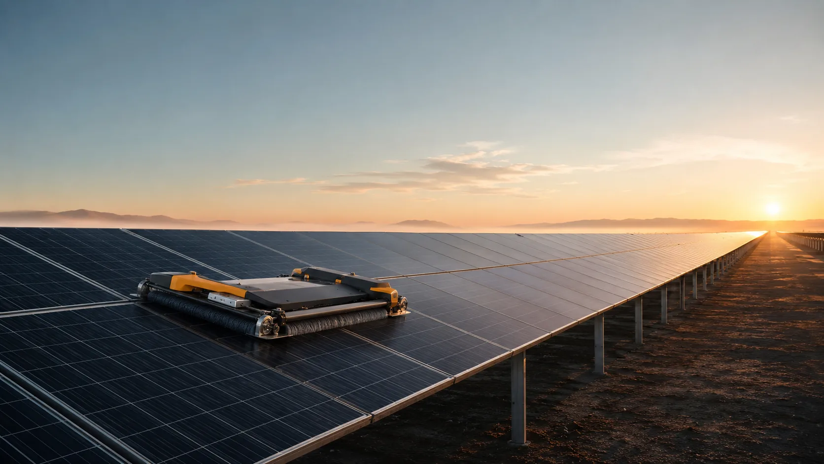 Illustrative SR2000 dedicated cleaning robot operating along a long solar-array row