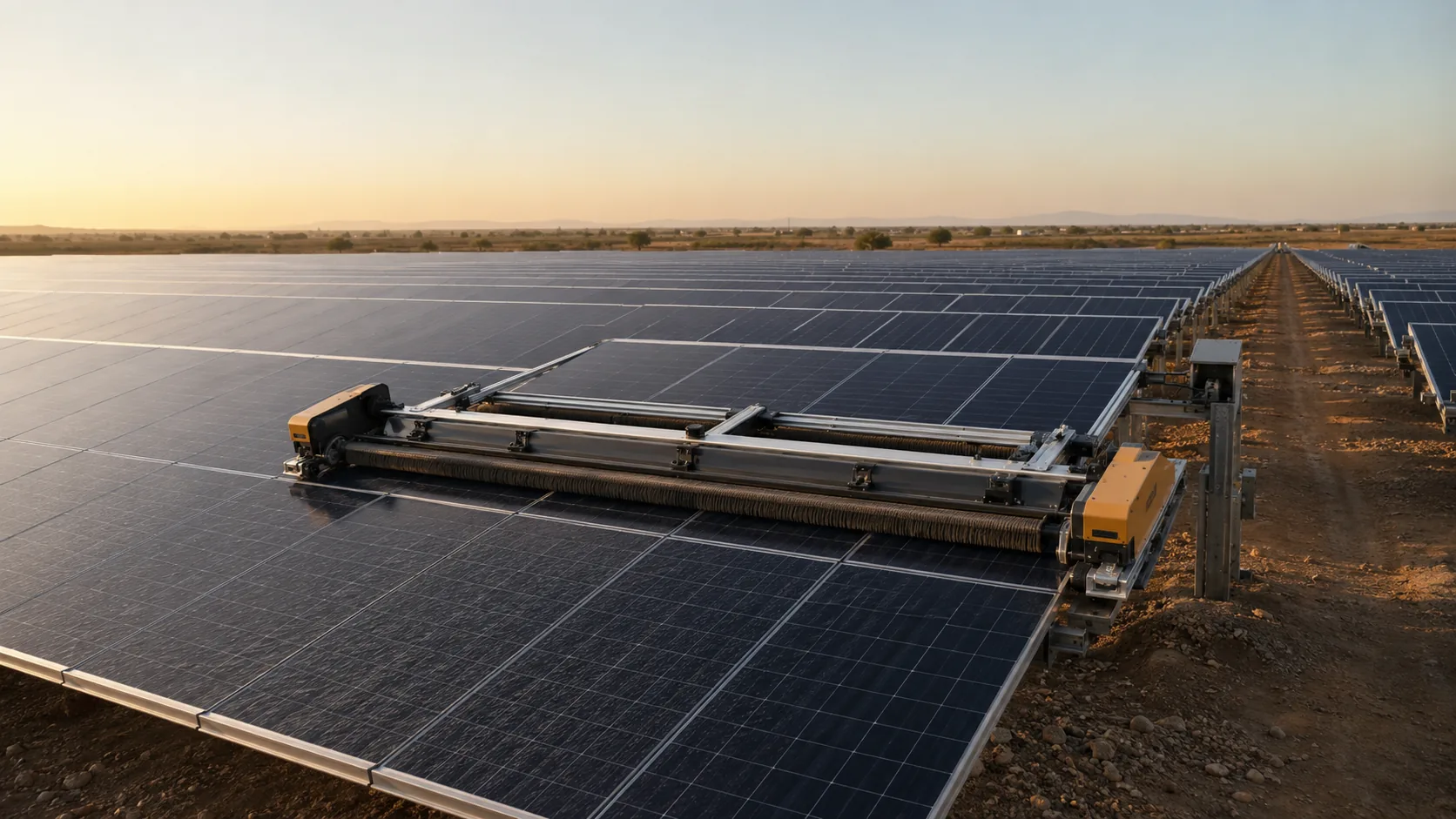 Illustrative SR4000 waterless cleaning platform spanning a utility-scale solar array